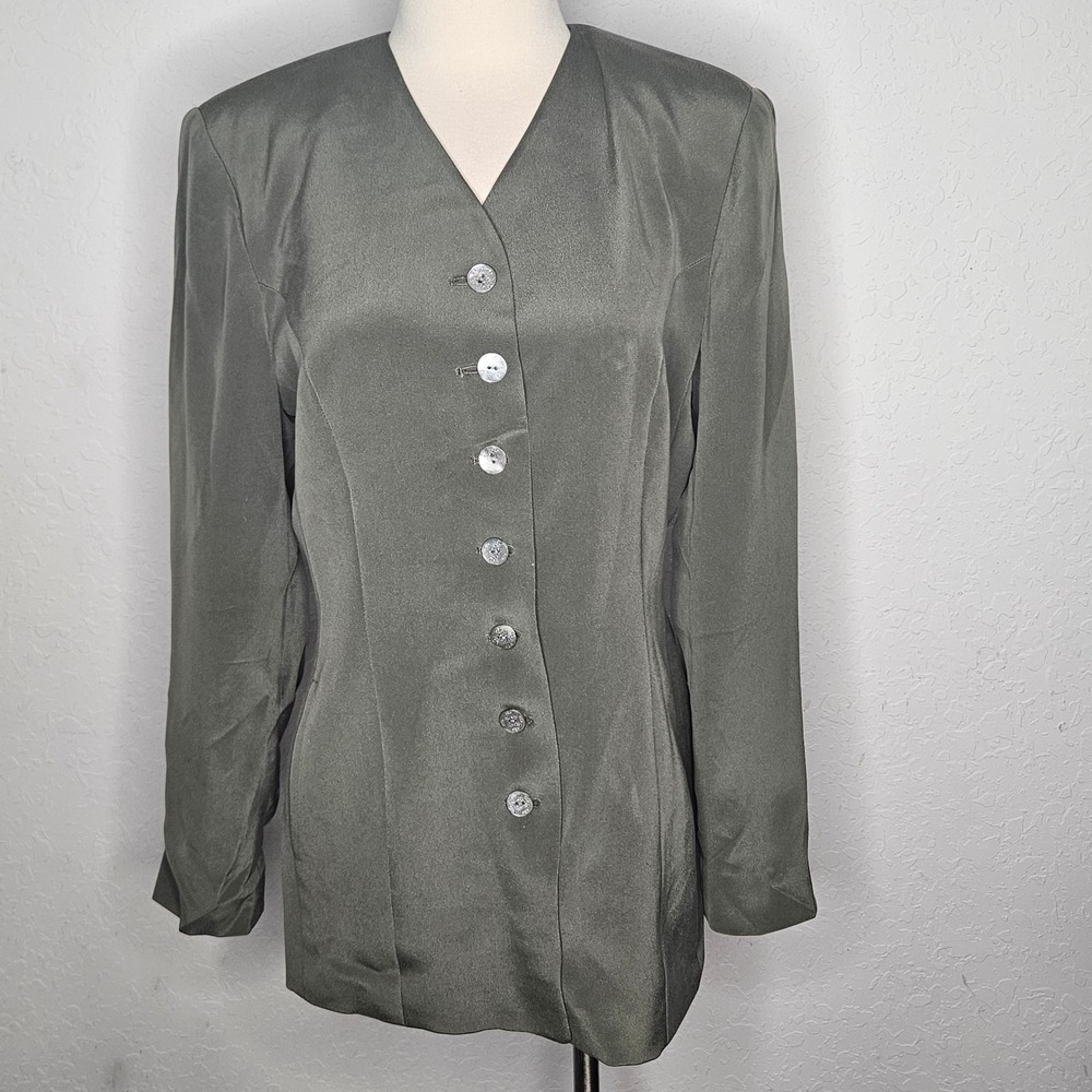 Due Per Due Silk Blazer Olive Green Minimalist Tailored Jacket Blazer Size 10
